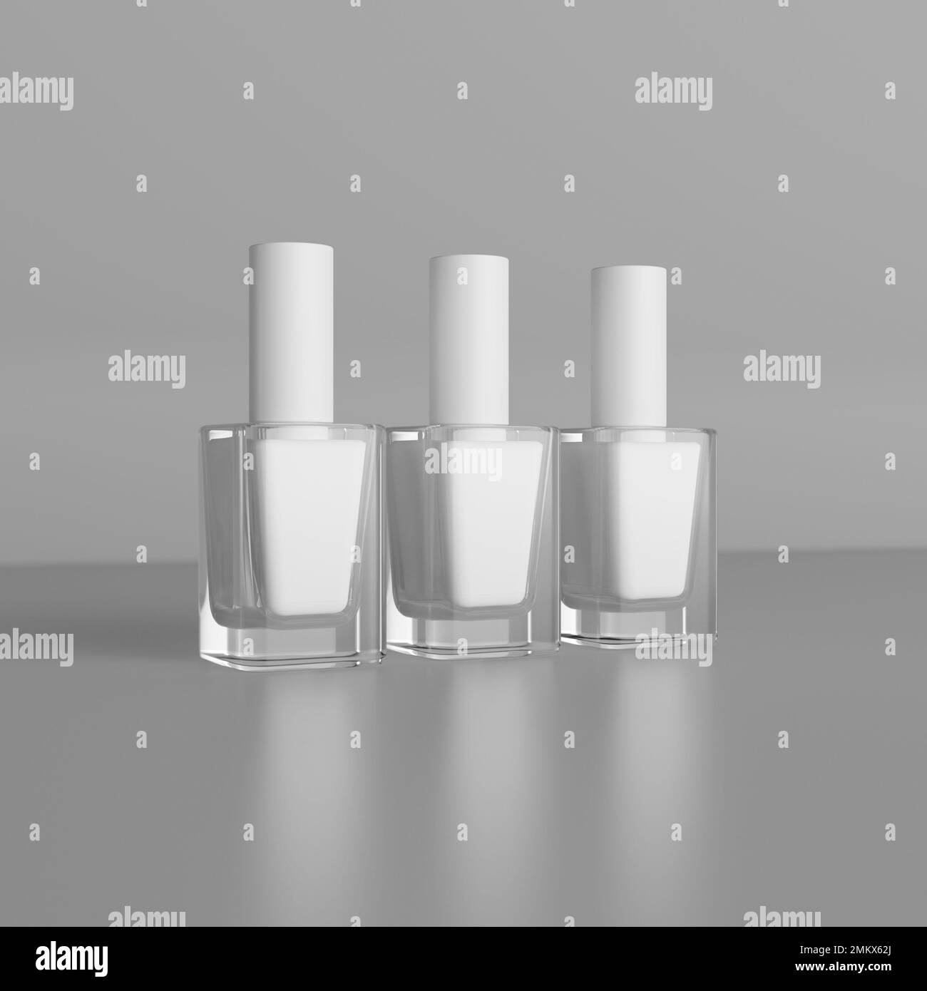 3D rendering mockup of empty white nail polish bottles to show