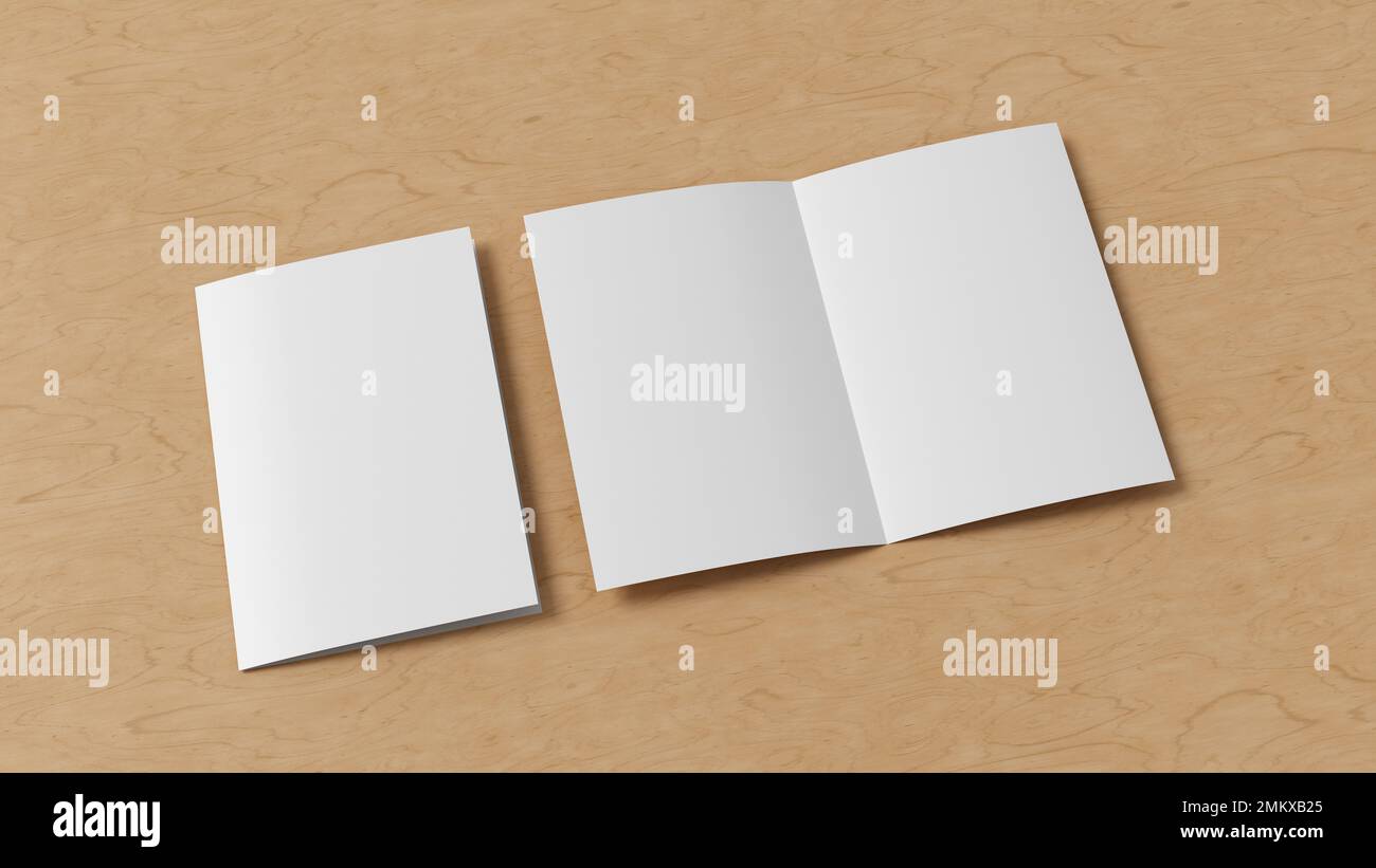 Half-folded flyer A4 booklet mock up on wooden background Stock Photo