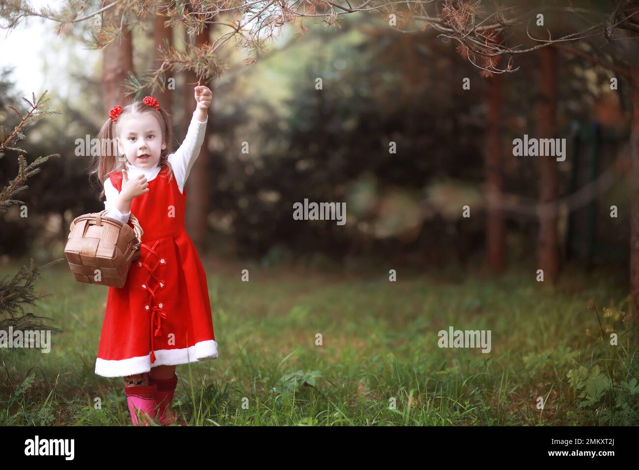 A little girl in a red hat and dresses is walking in the park. Cosplay ...