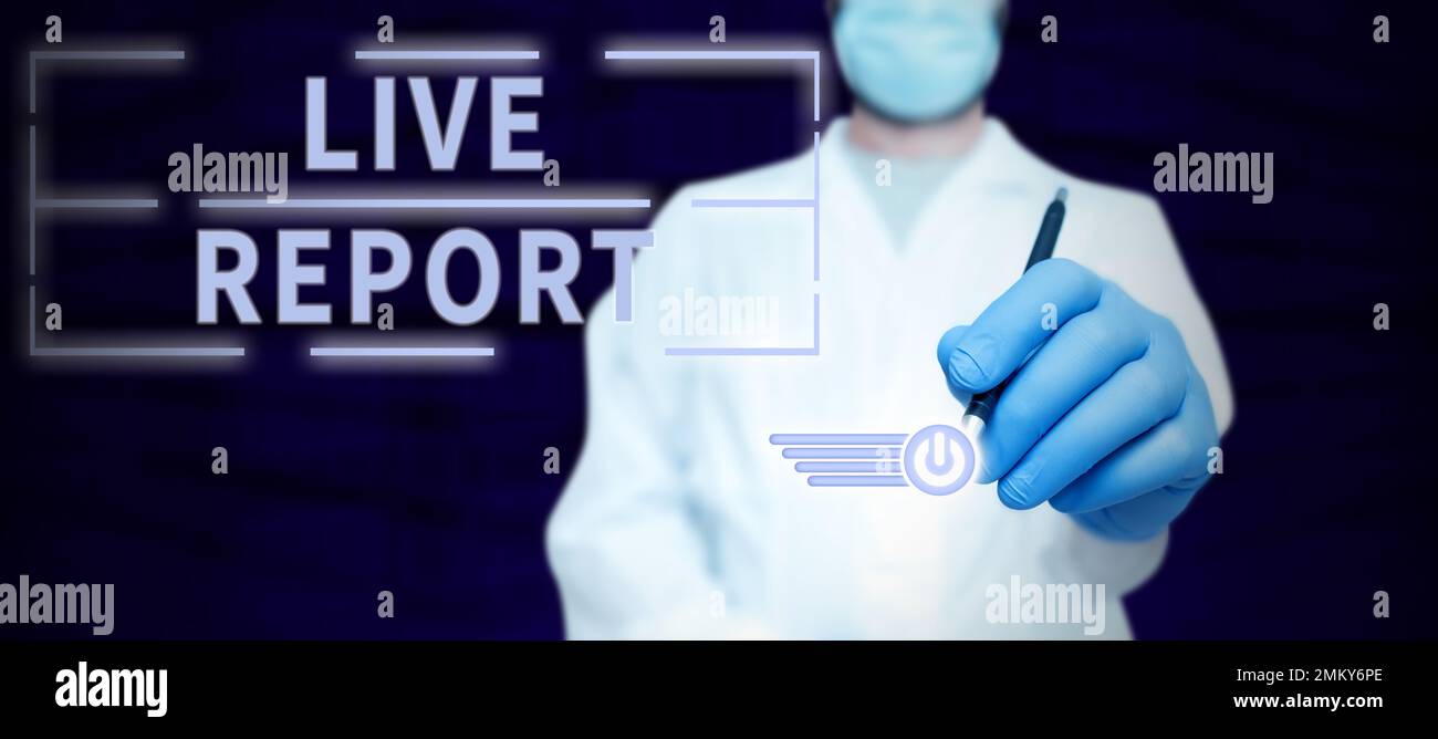 Text sign showing Live Report. Word Written on continuous stream of ...