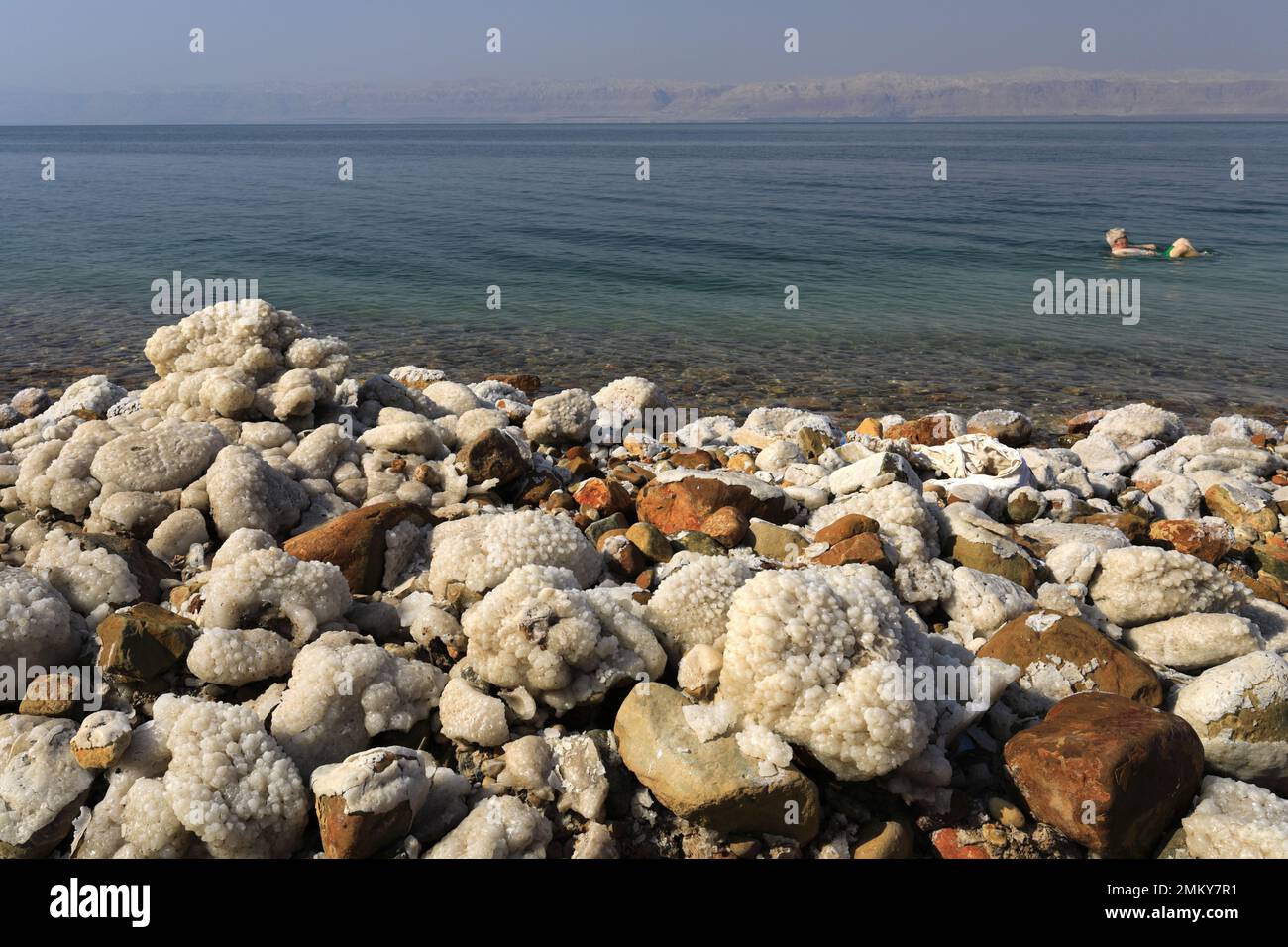 The salty shoreline of the Dead Sea, the OH Beach hotel and resort, Jordan Stock Photo