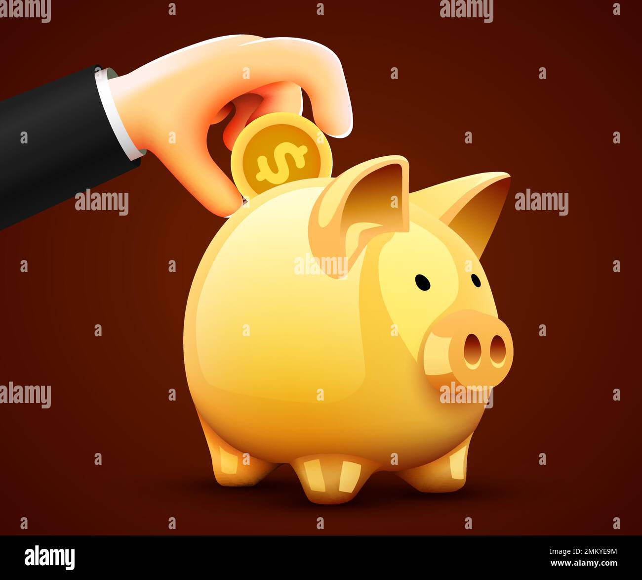 Hand puts coin in a piggy bank. Symbol of profit and growth. Investment ...