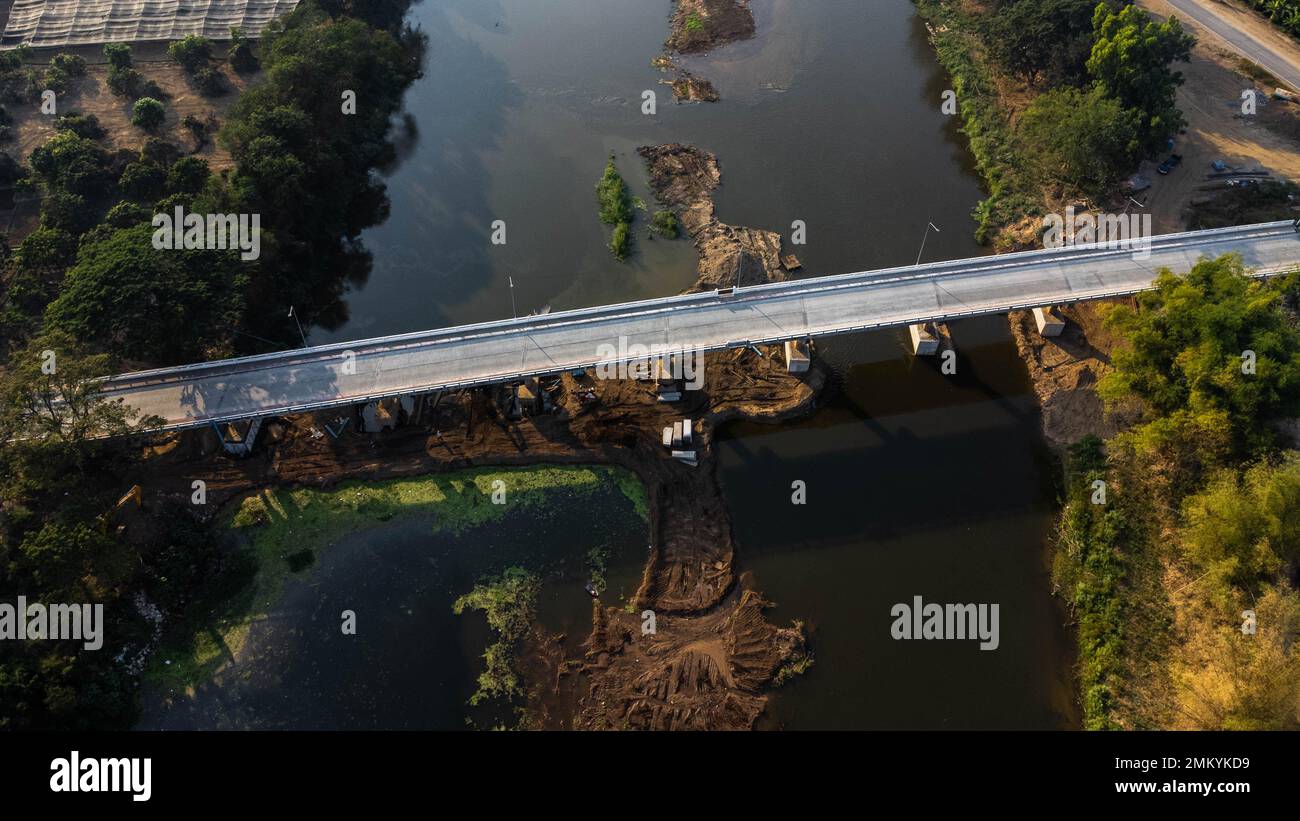 Aerial view of renovation and repair work on the river bridge road ...