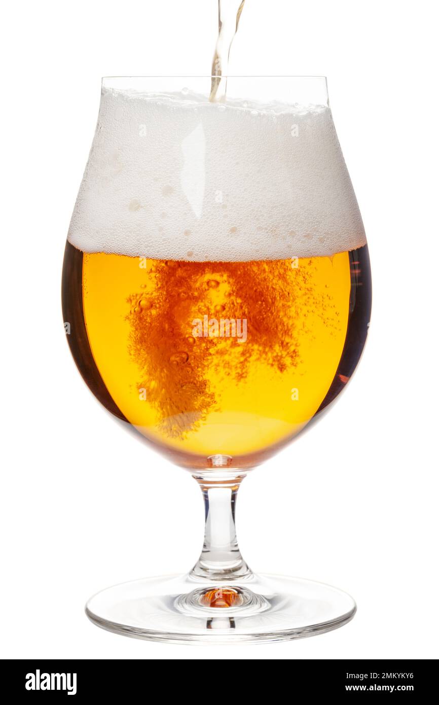 Lager of pilsner beer is pouring into snifter glass isolated on a white background Stock Photo