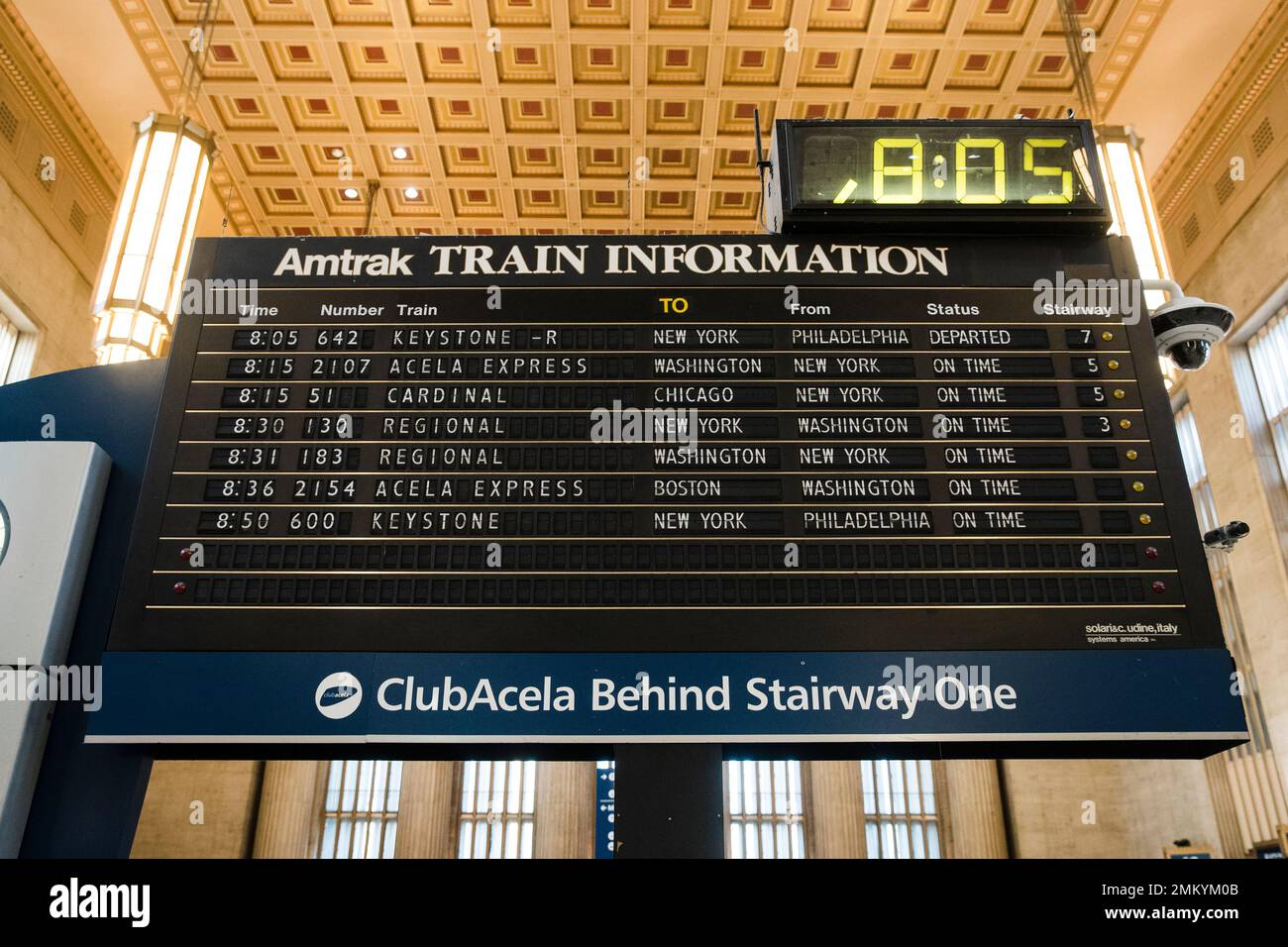 Shown is the Amtrak train departures board at 30th Street Station in ...