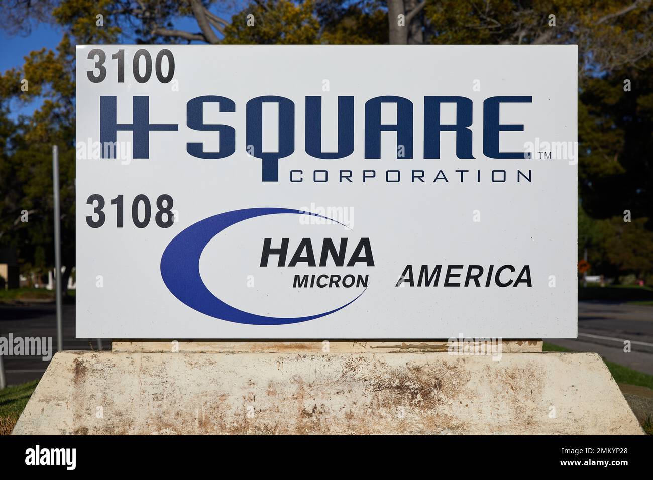 H-Square Corporation (high-quality substrate handling tools and equipment), sign; Patrick Henry Drive, Santa Clara, California Stock Photo
