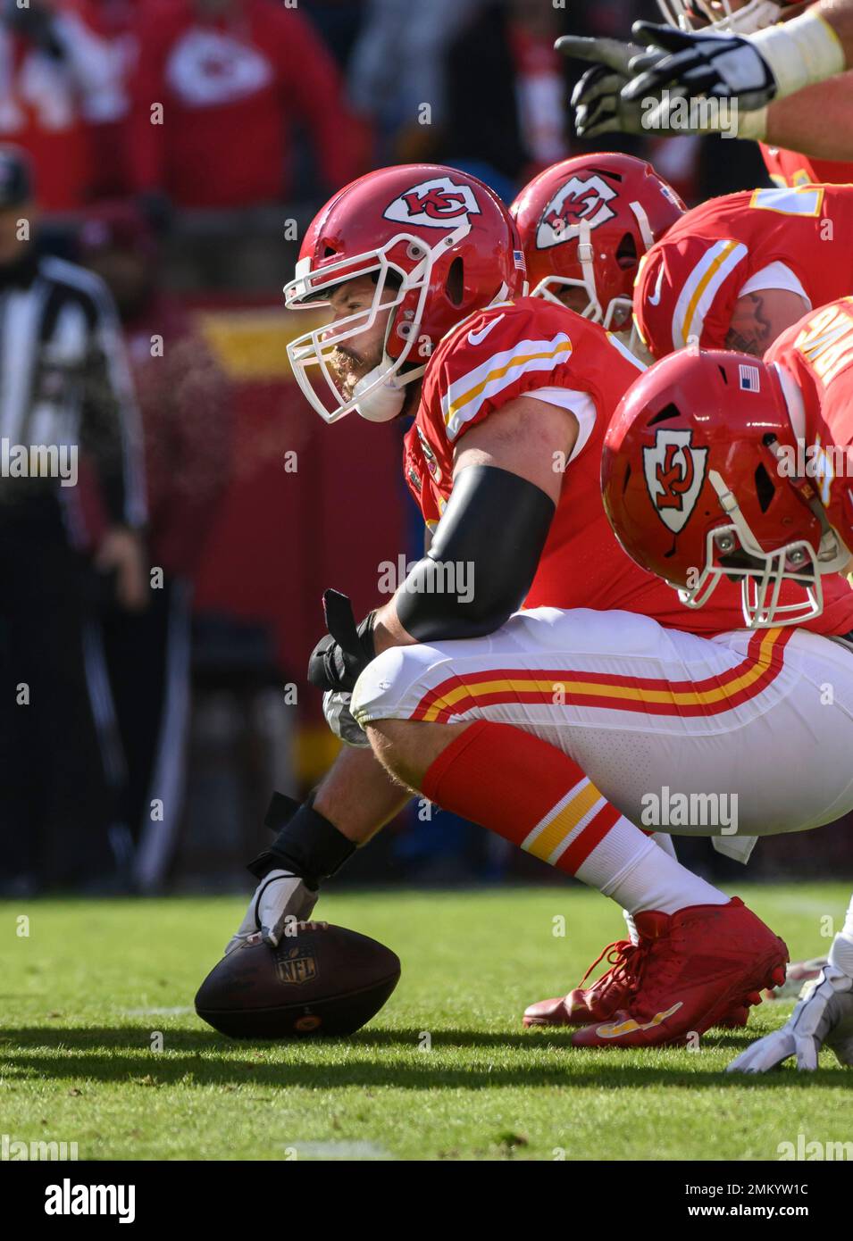 Kansas City, MO, USA. 11th Oct, 2015. Kansas City Chiefs center Mitch Morse  (61) is introduced during the NFL game between the Chicago Bears and the Kansas  City Chiefs at Arrowhead Stadium