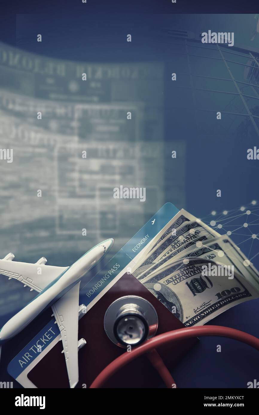 Passenger air insurance concept. Airplane, passport, boarding pass