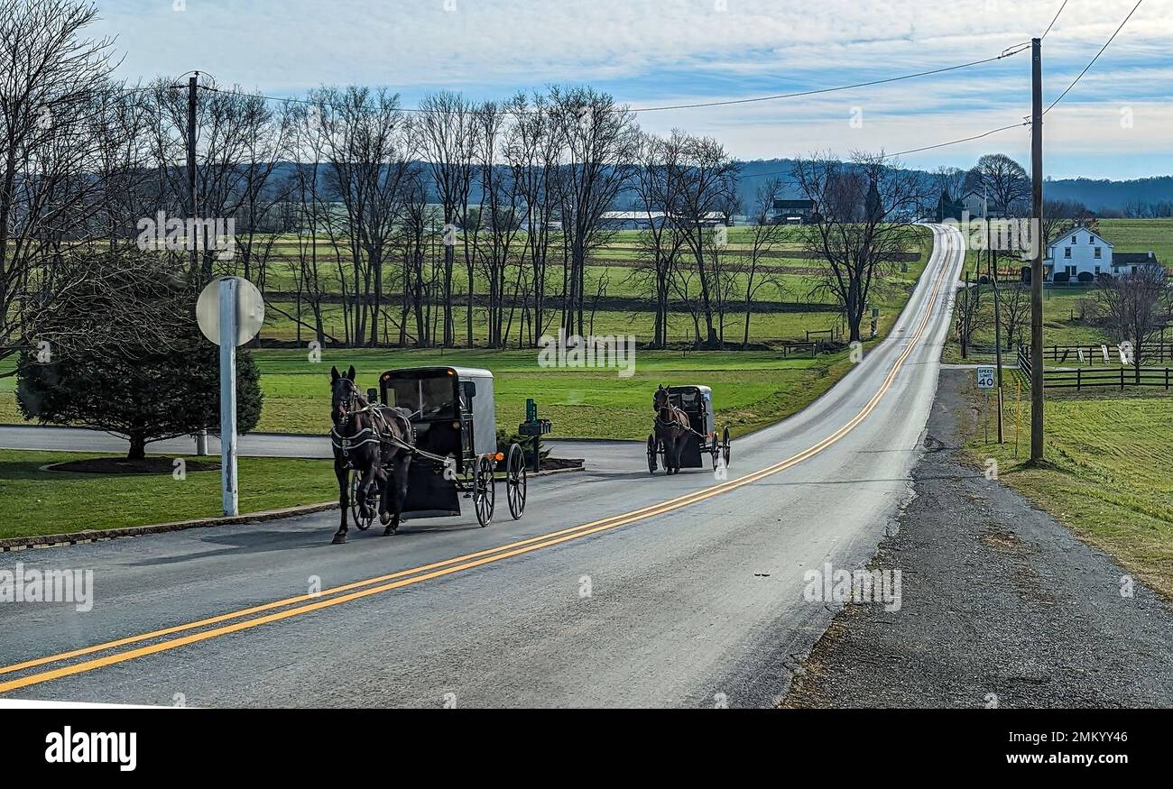 a-view-of-two-amish-horse-and-buggies-traveling-down-a-countryside-road