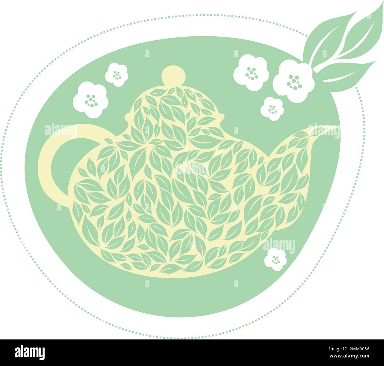 Teapot with green tea leaf silhouettes. Flat vector illustration Stock Vector