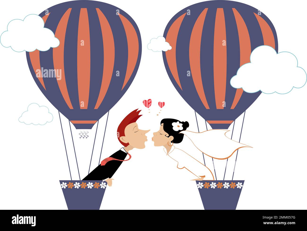 Married wedding couple flying up on the air balloon.  Heart symbol and kissing married wedding couple fly up on the air balloon. Isolated on white Stock Vector