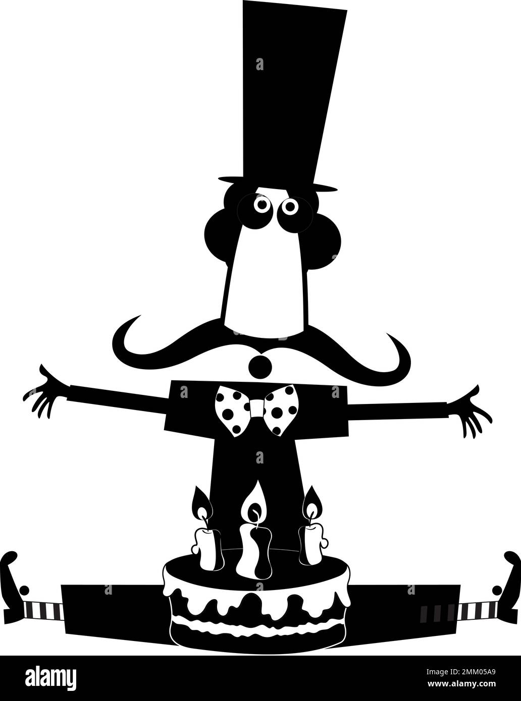 Cartoon man holds a cake with candles illustration. Funny long mustache