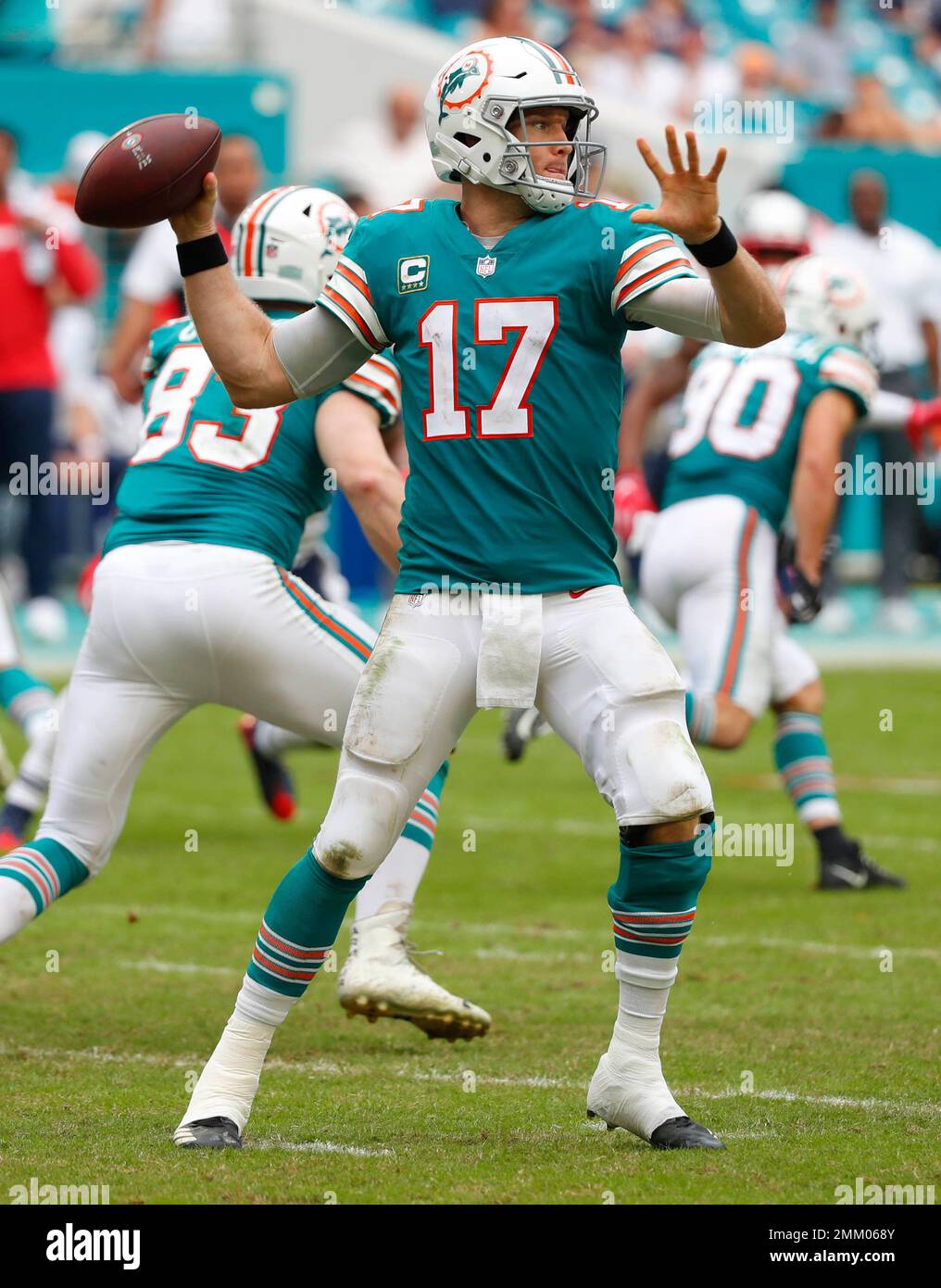 Miami Dolphins quarterback Ryan Tannehill (17) looks to pass, during the  second half of an NFL football game against the New England Patriots,  Sunday, Dec. 9, 2018, in Miami Gardens, Fla. (AP