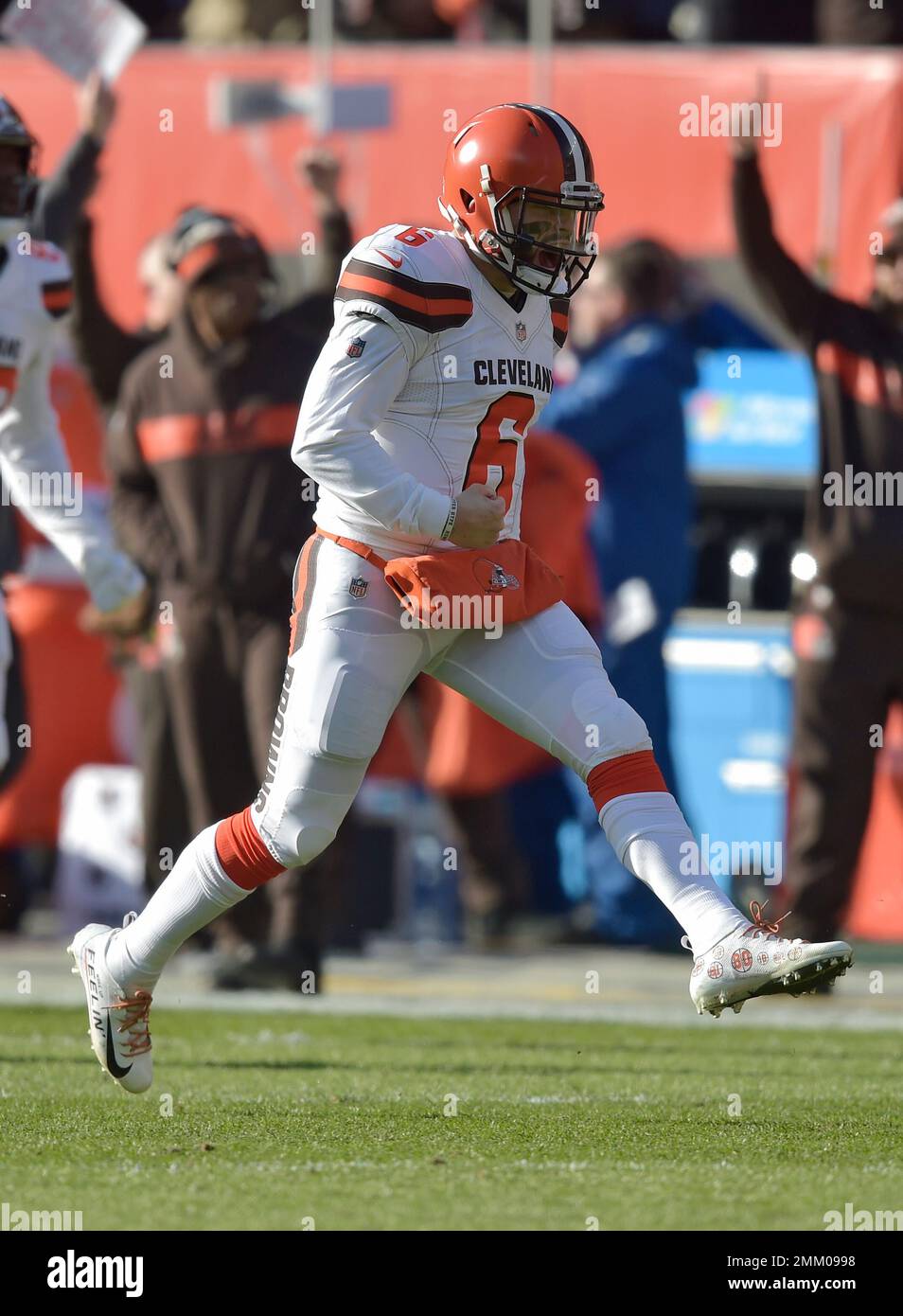 Cleveland Browns quarterback Baker Mayfield (6) celebrates after throwing a 51-yard touchdown during the first half of an NFL football game against the Carolina Panthers, Sunday, Dec. 9, 2018, in Cleveland. (AP Photo/David Richard) Stock Photo