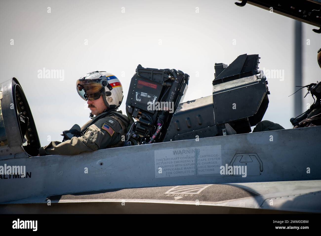 A U.S. Navy pilot assigned to the Strike Fighter Squadron (VFA) 2, Naval Air Station Lemoore, California, taxis during Weapons System Evaluation Program-East 22.12 at Tyndall Air Force Base, Florida, Sept. 12, 2022. WSEP-E 22.12 is a formal, two-week evaluation exercise designed to test a squadron’s capabilities to conduct live-fire weapons systems during air-to-air combat training missions. Stock Photo