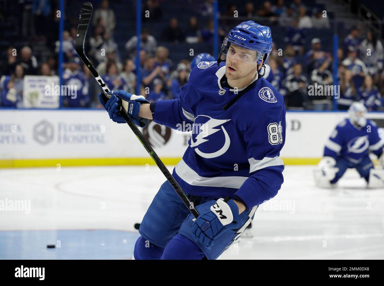 Tampa Bay Lightning defenseman Erik Cernak (81) before an NHL hockey