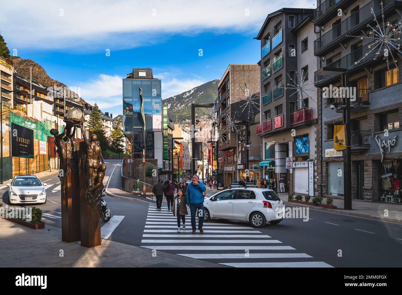 Andorra la Vella, Andorra, Jan 2020 People walking on, narrow streets