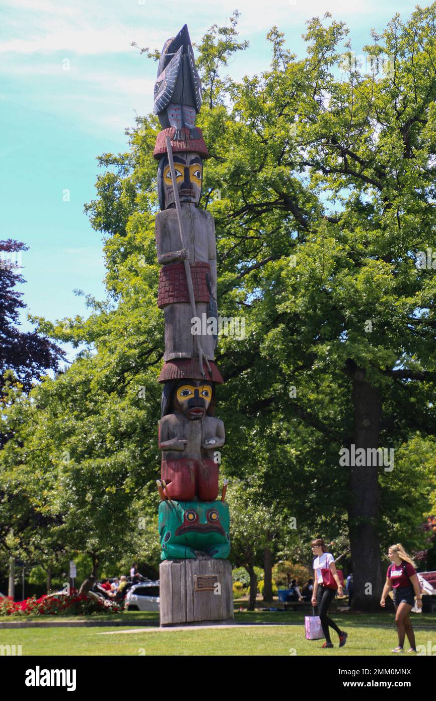 Totem Pole or Story Pole in Victoria, British Columbia, Canada Stock Photo