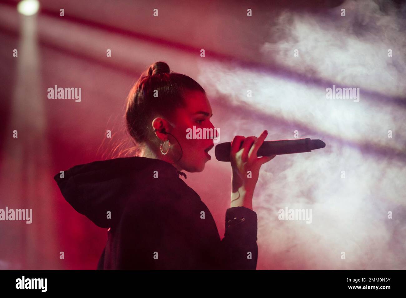 In this photo taken on Thursday, Nov. 29, 2018, Russian musician Nastya  Kreslina, member of electronic duo called IC3PEAK performs during a concert  in Yekaterinburg, Russia. In recent months, Russian artists have