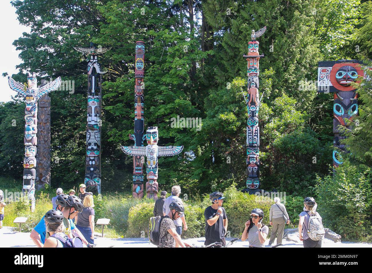 First nations Totem pole aka story pole on the water side of Stanley Park in Vancouver, British Columbia, Canada Stock Photo