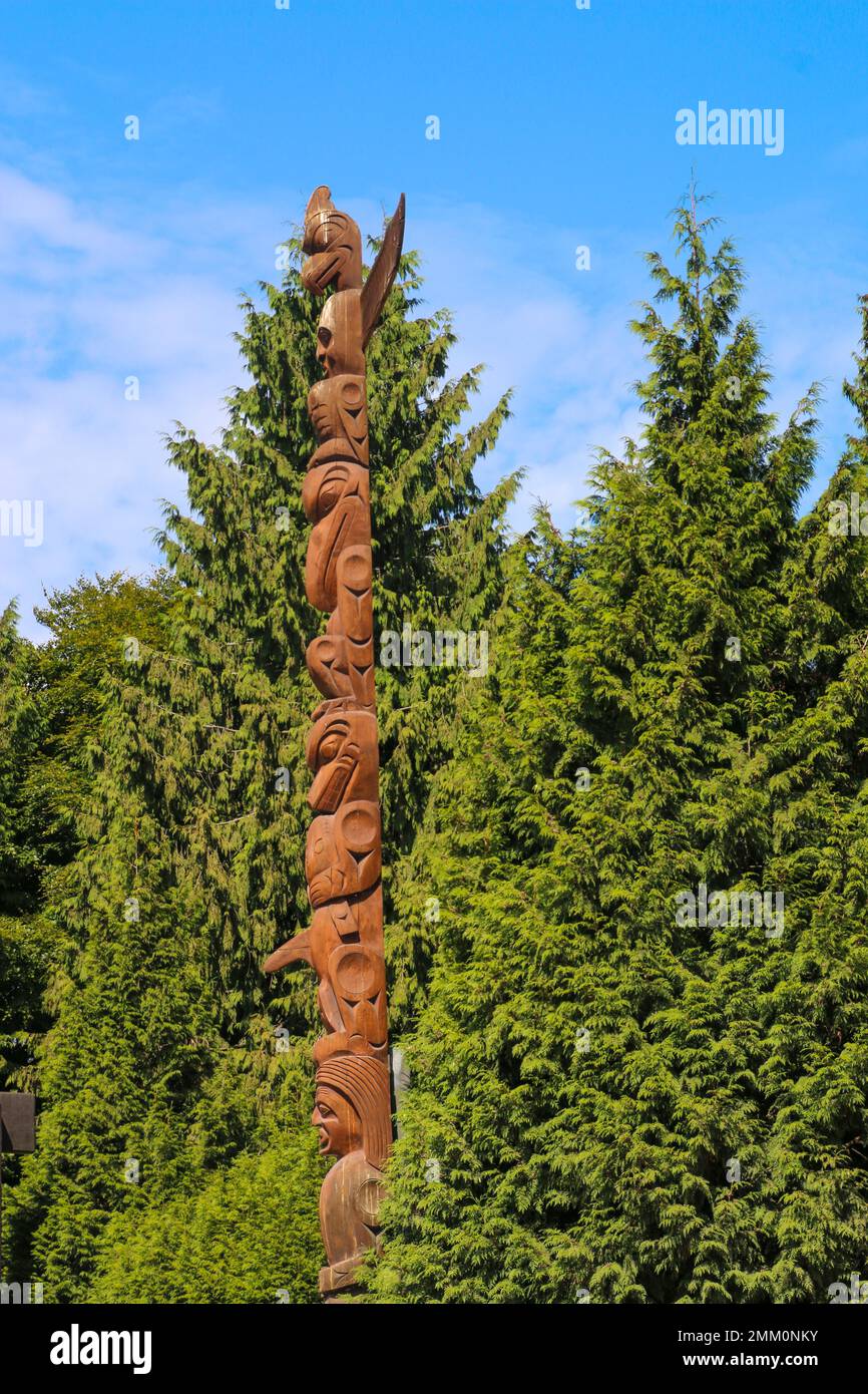 First nations Totem pole aka story pole on the water side of Stanley ...