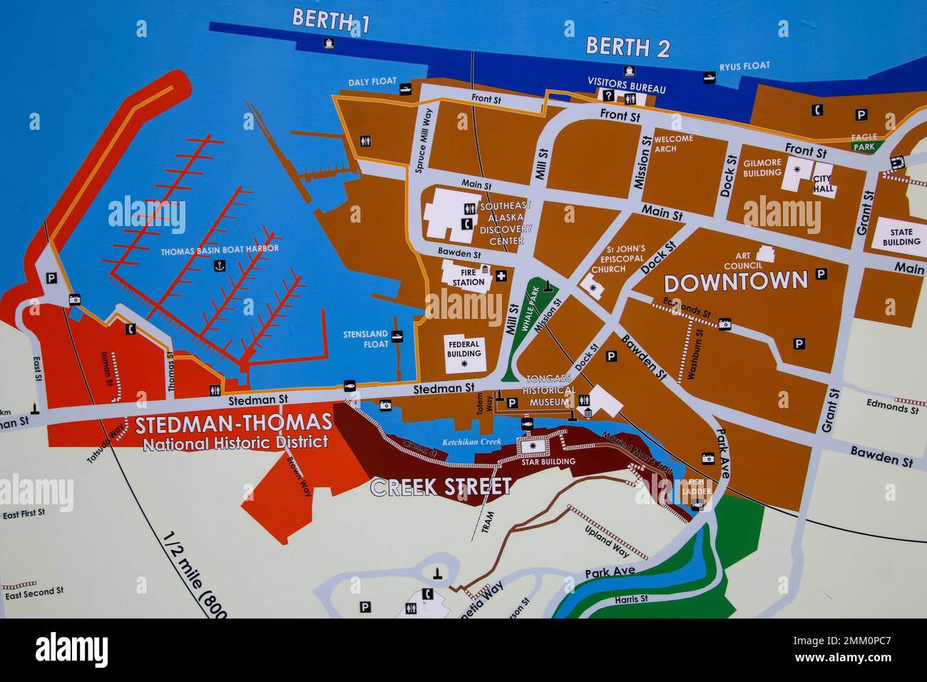 Map of Stedman-Thomas National Historic District and Downtown Ketchikan, Alaska Stock Photo