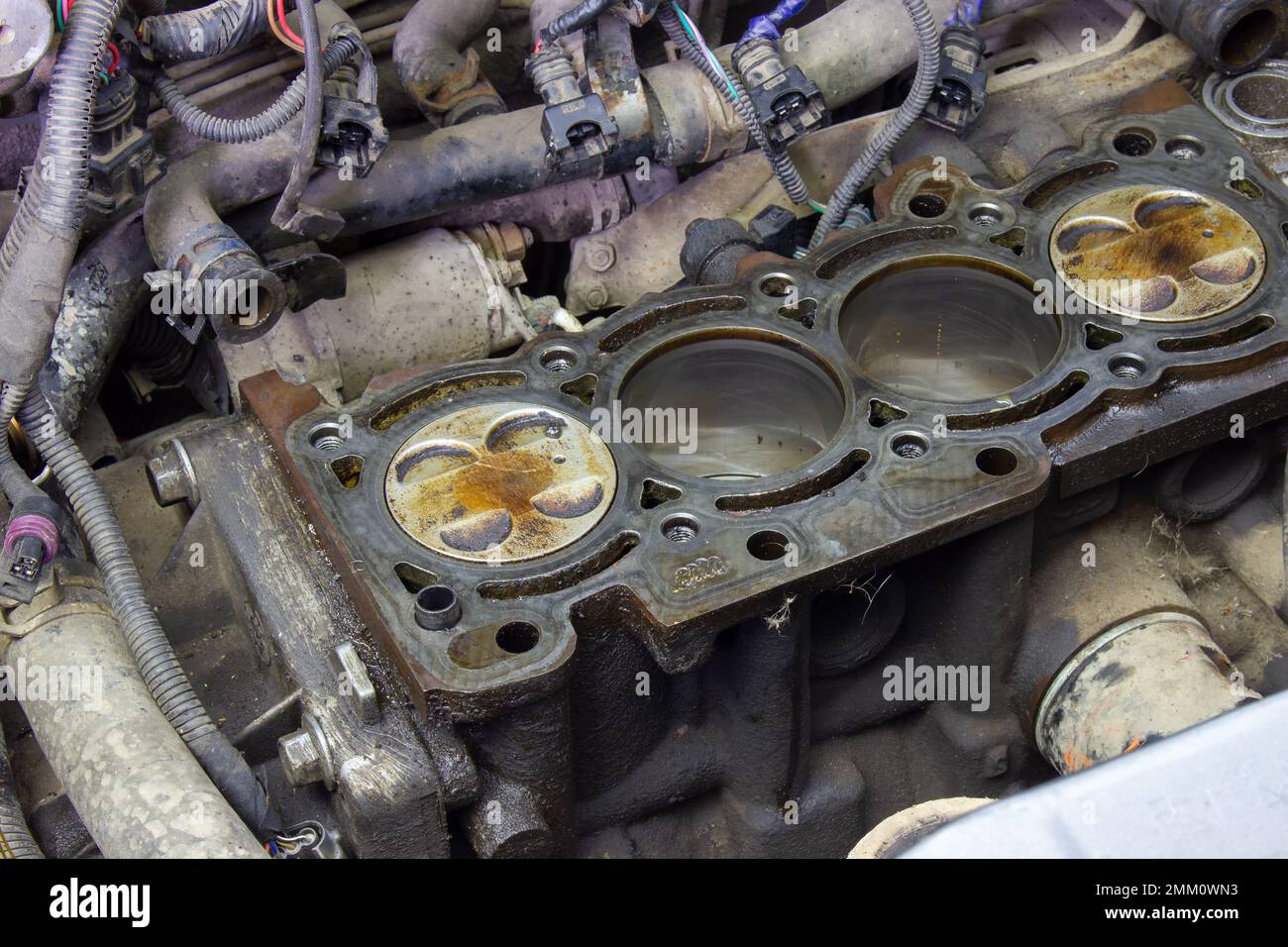 Car engine without cylinder head. Repair of the internal combustion engine Stock Photo