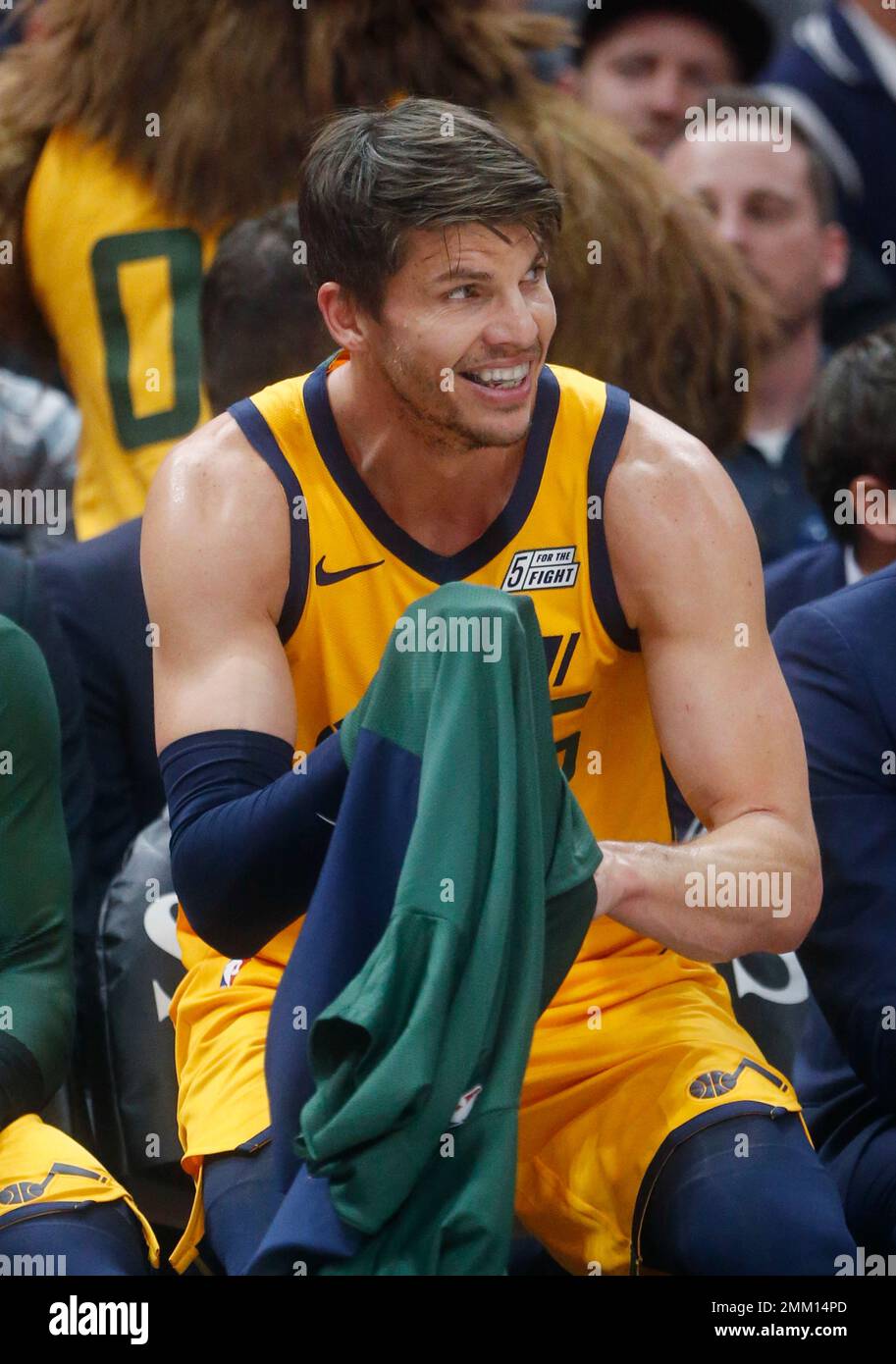 Utah Jazz guard Kyle Korver smiles as he leaves the game in the second half  during an NBA basketball game against the San Antonio Spurs Tuesday Dec. 4,  2018, in Salt Lake