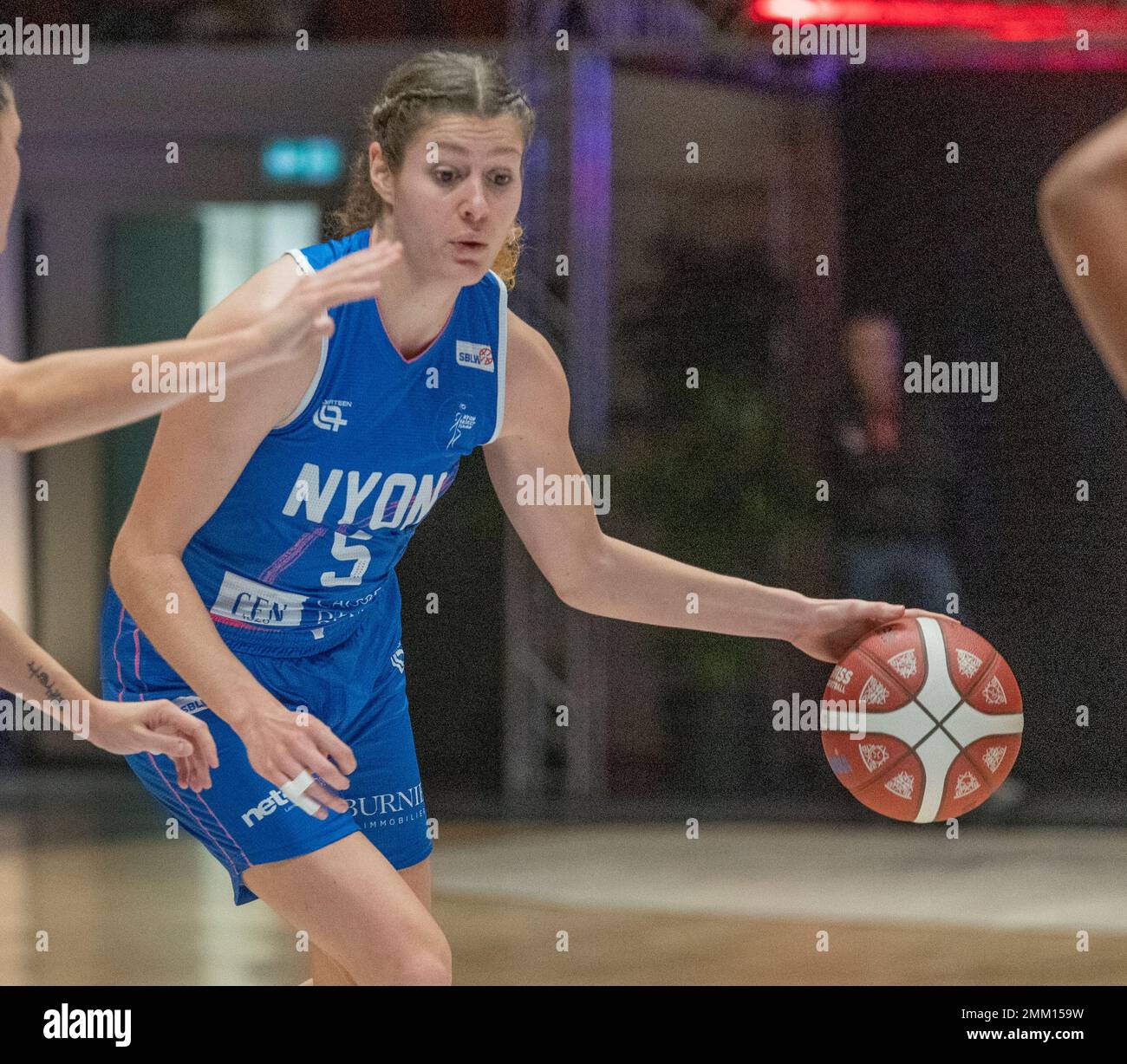 Montreux Switzerland, 01/29/2023: Eva Riga of Women Non Basket (5) is in  action during Final of Swiss Basketball League 2023. The final of the Swiss  Basketball League took place at the Perrier