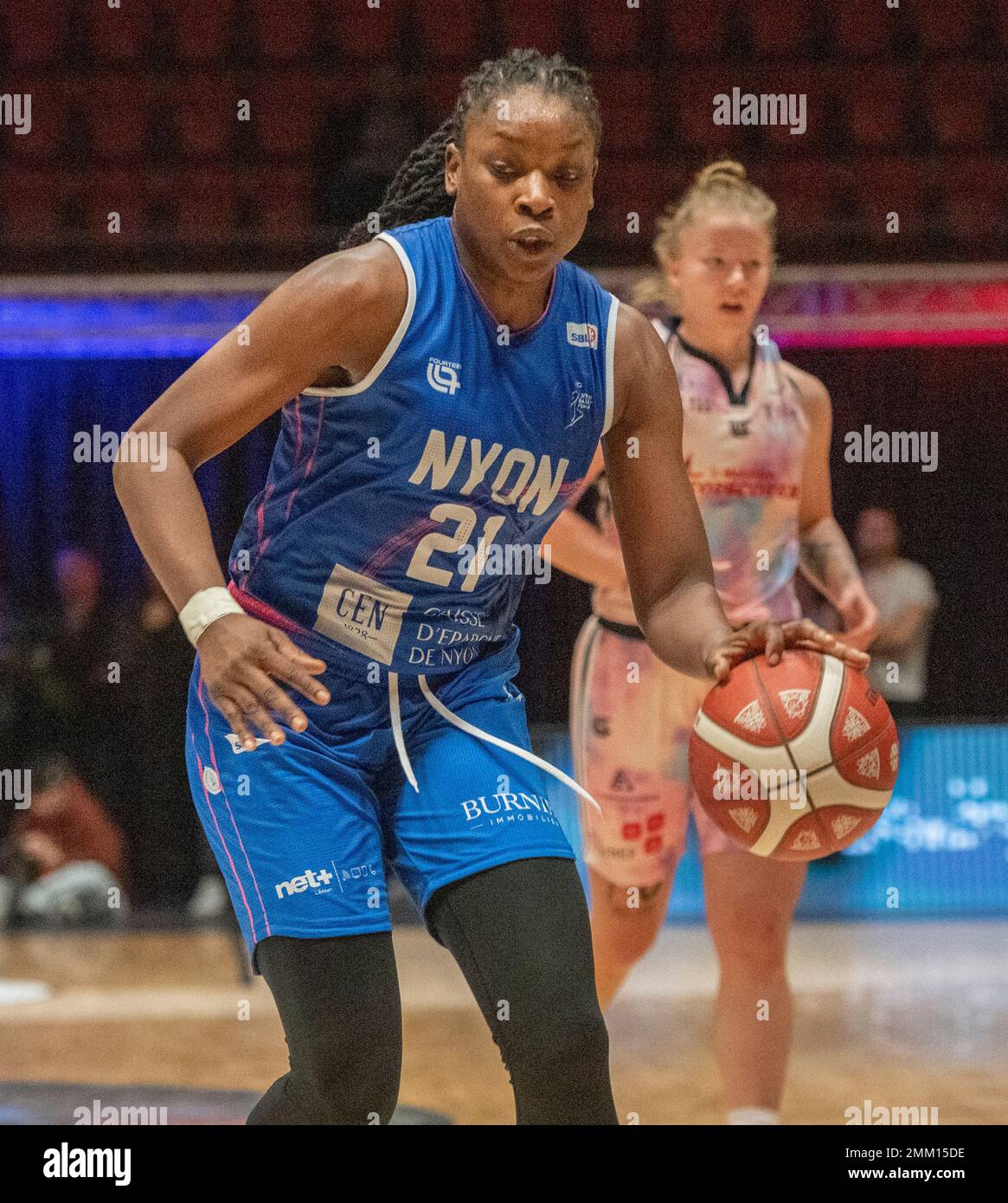Montreux Switzerland, 01/29/2023: Korinne Campbell of Women Nyon Basket  (21) is in action during Final of Swiss Basketball League 2023. The final  of the Swiss Basketball League took place at the Perrier