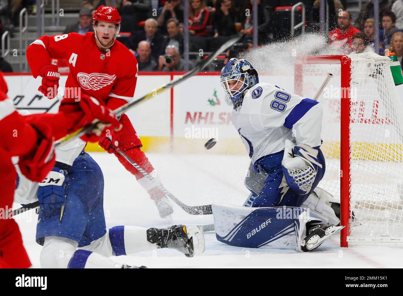 Tampa Bay Lightning goaltender Edward Pasquale (80) stops a Detroit Red