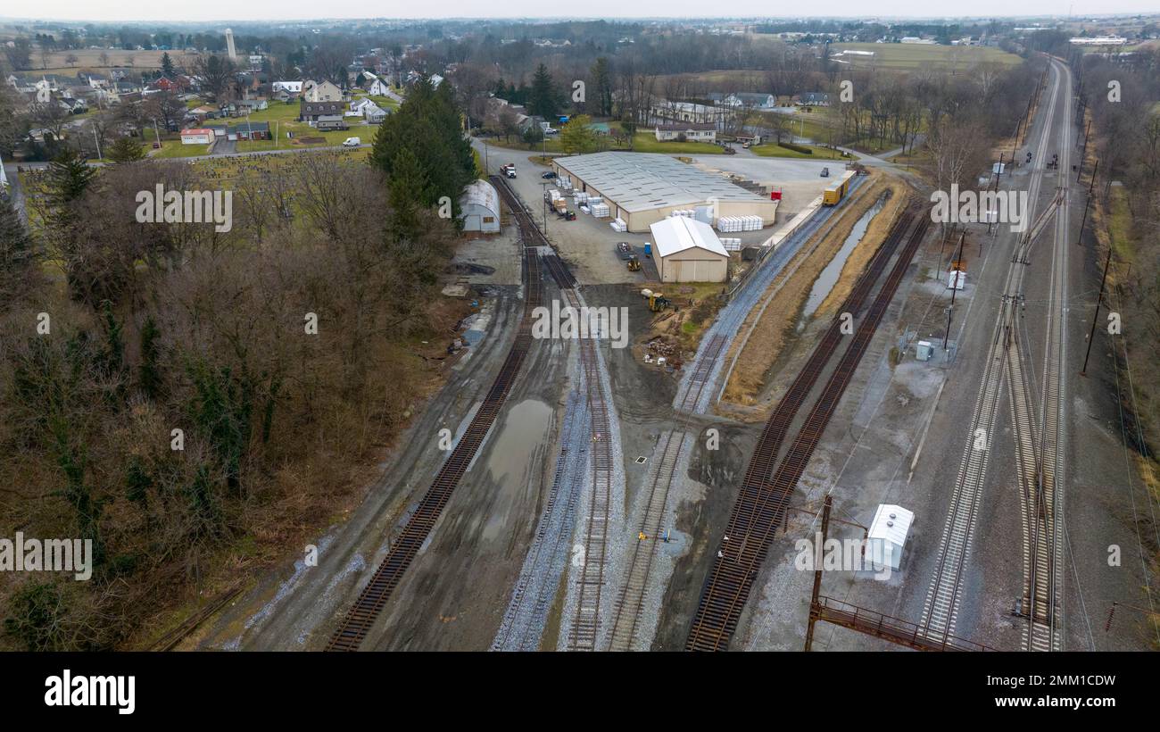 An Aerial View of a New Freight Rail Road Freight Yard Under