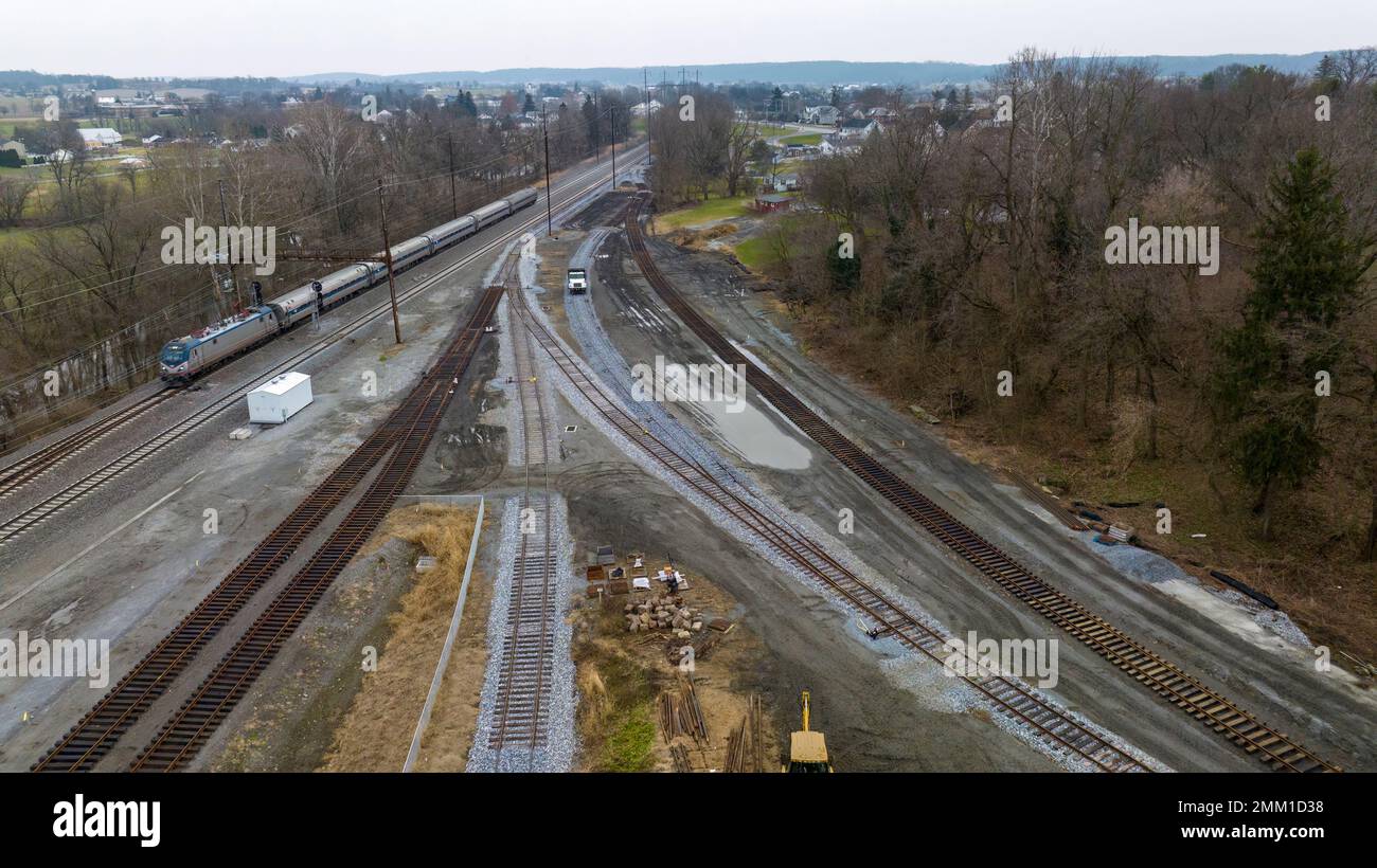 An Aerial View of a Freight Rail Road Freight Yard Under Construction