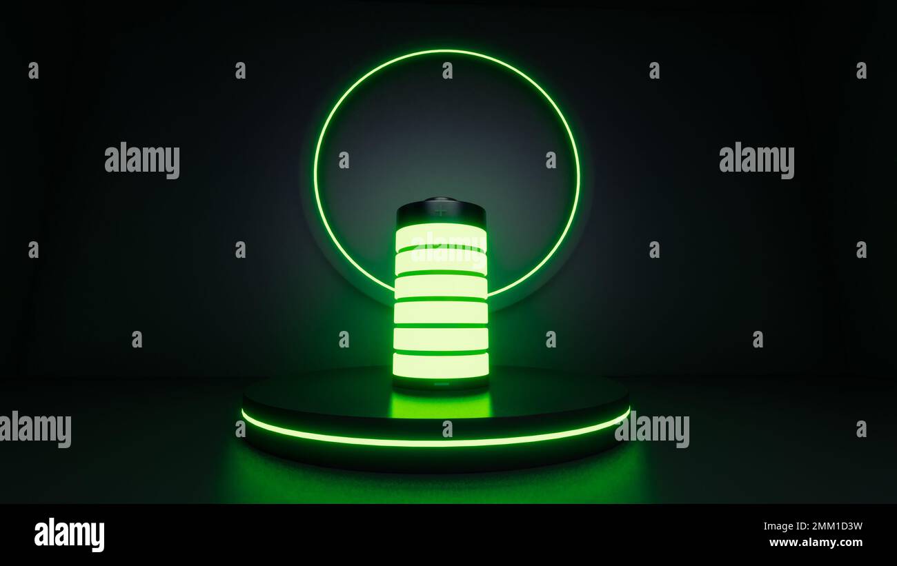 Green battery glowing with plus and minus signs fully charged on black