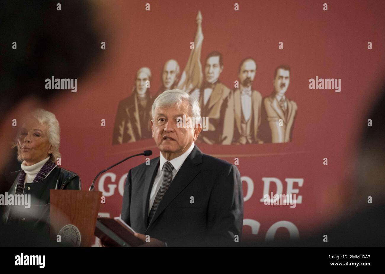 Mexico's President Andres Manuel Lopez Obrador holds his first news ...