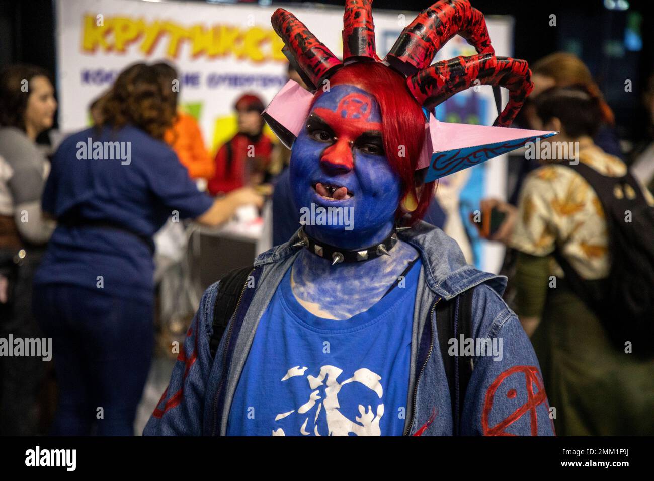 Moscow, Russia. 28th of January, 2023. A participant wears a costume during  the Bubble Comics Con festival of pop culture, comics, cinema, video gaming  and cosplay at Music Media Dome in Moscow,