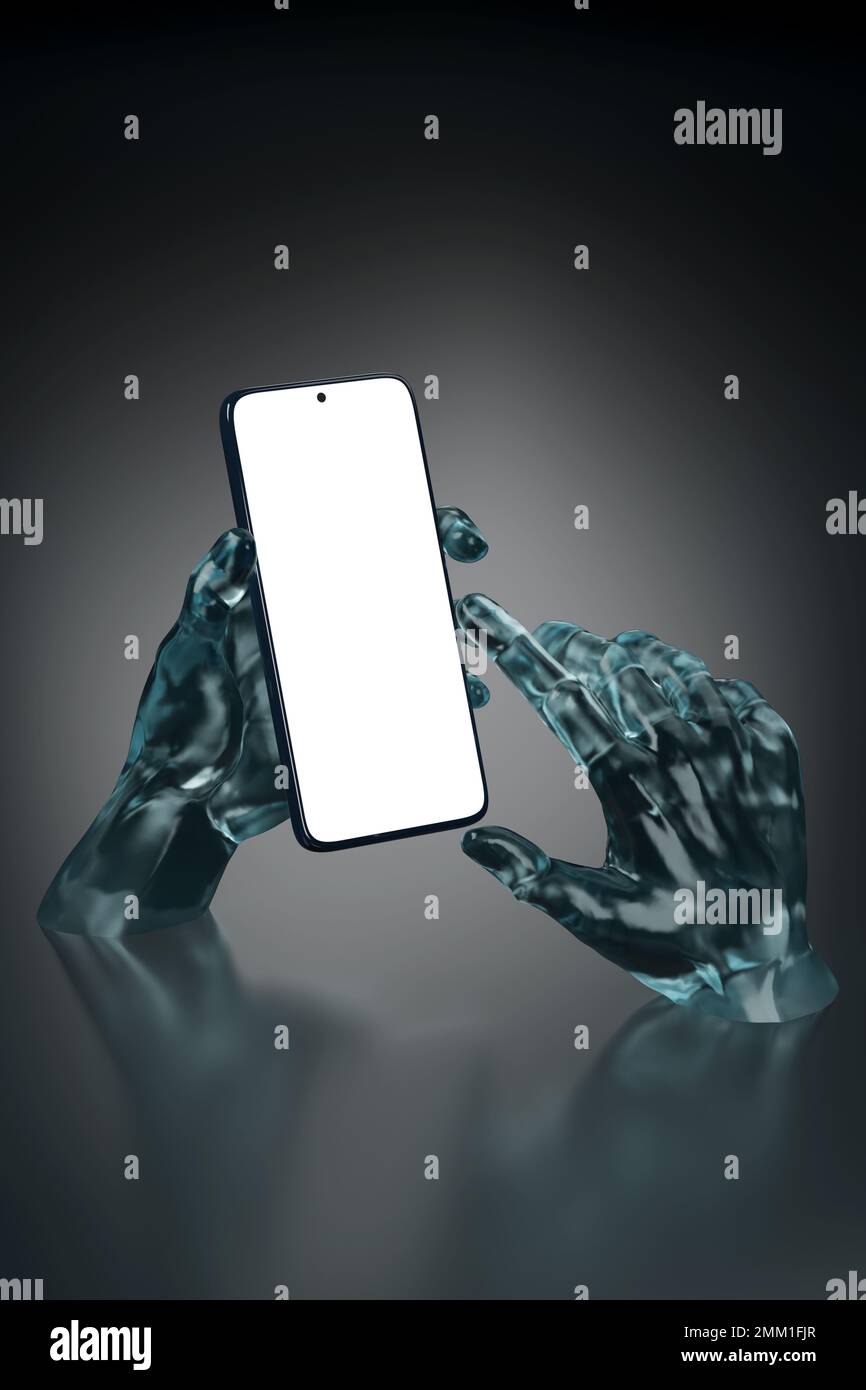 Glass hands sculpture holding a mobile phone with a blank screen. 3d ...