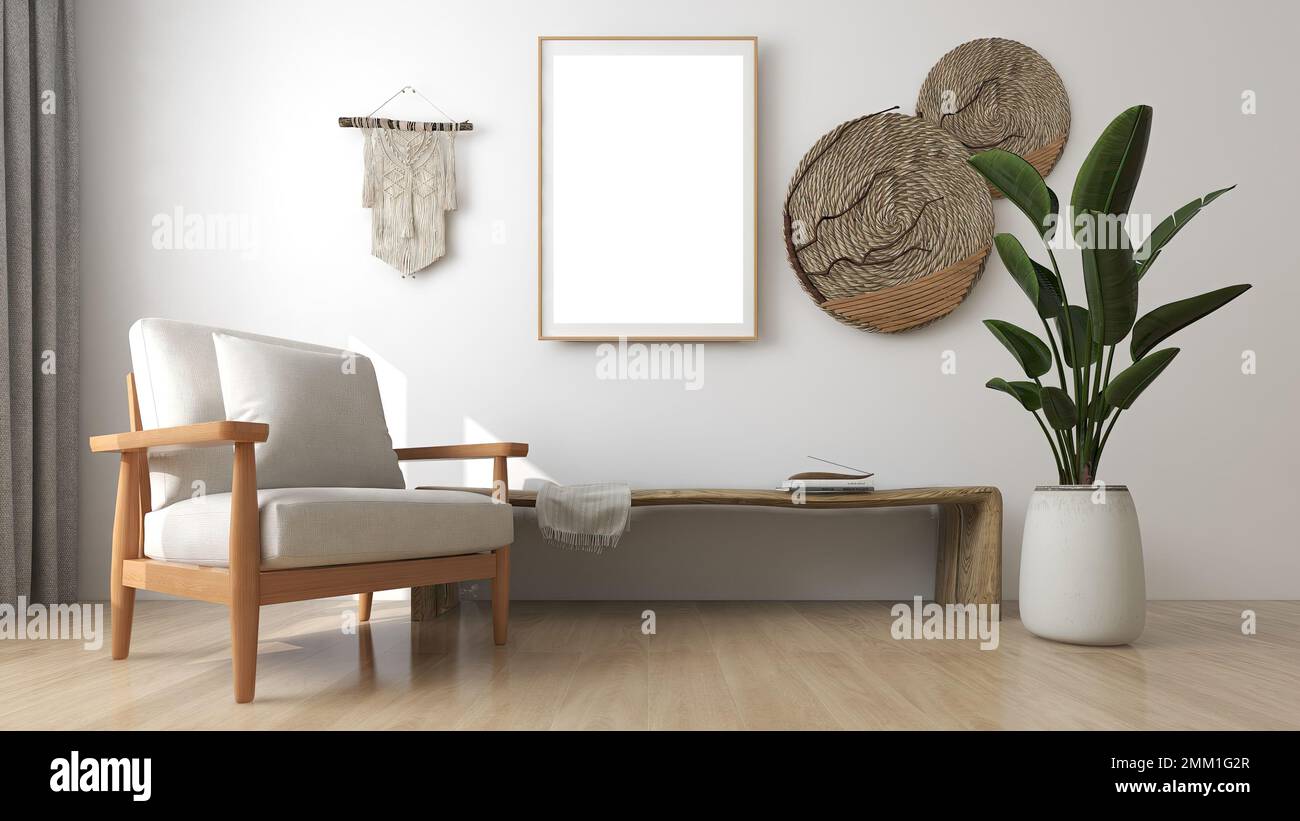 3D Mockup Living Room: A minimalistic Japanese-style room with simple lines and neutral hues. A cherished photo frame showcases personal memories. Stock Photo