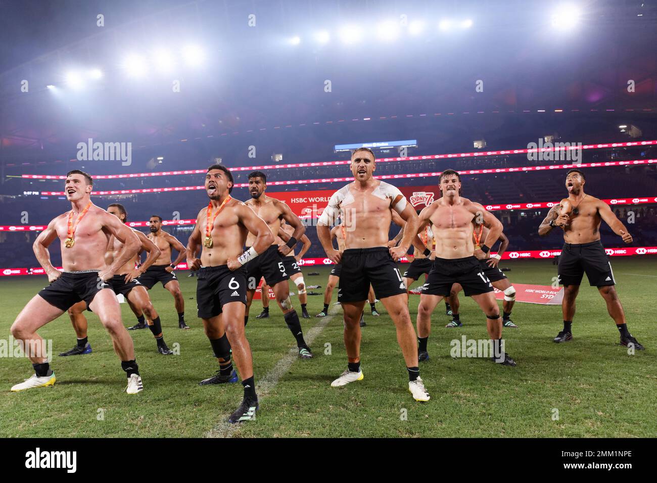 New Zealand Men's team perform the Haka after their victory in the 2023 Sydney Sevens match between New Zealand and South Africa at Allianz Stadium on January 29, 2023 in Sydney, Australia Stock Photo