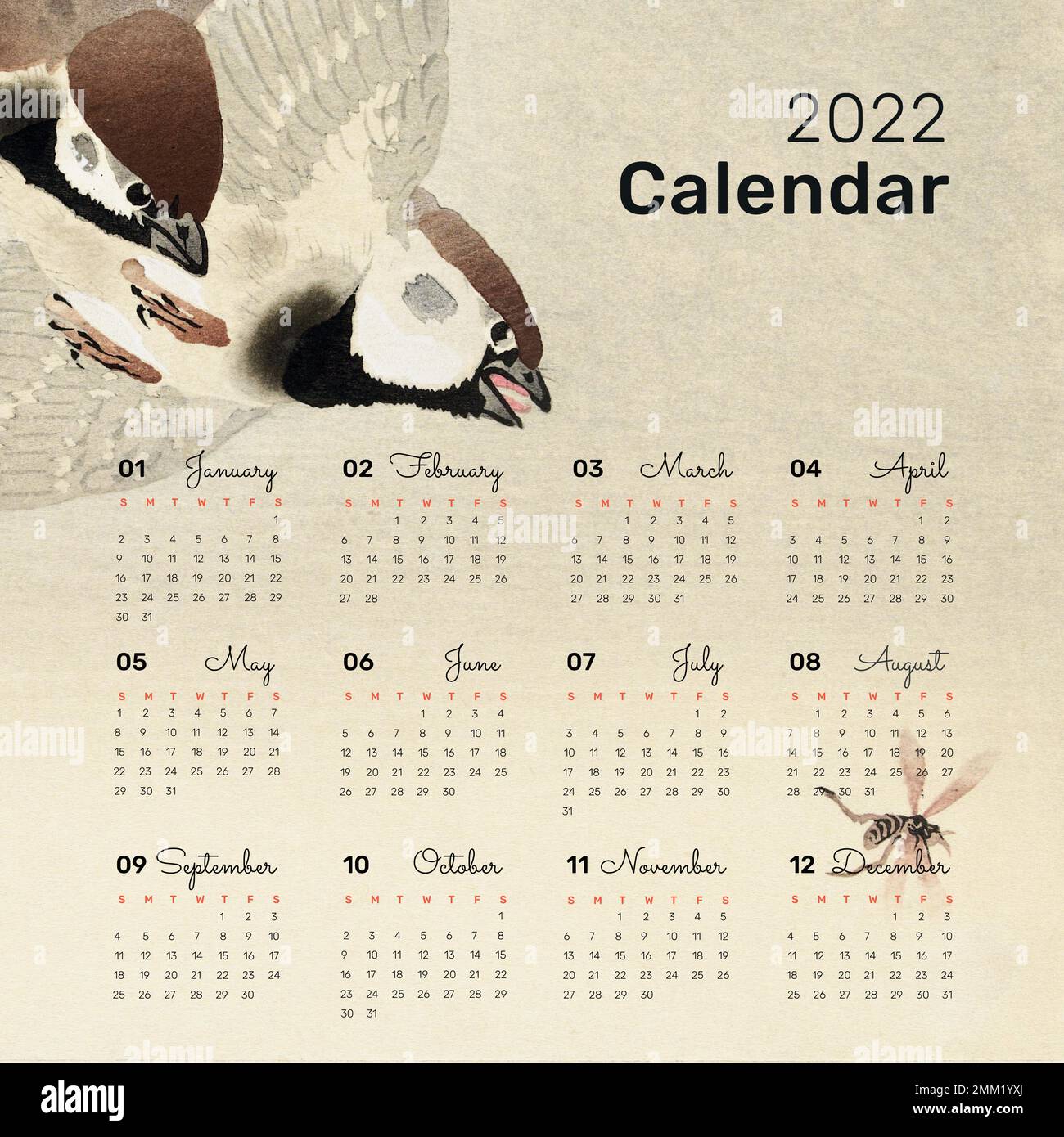 Bird 2022 monthly calendar template, Japanese design vector. Remix from vintage artwork by Ohara