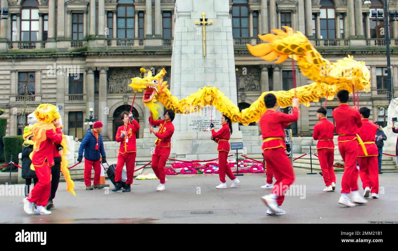 Glasgow, Scotland, UK 29th  January, 2023. Year of the Rabbit celebrations continue as the city’s Chinese community put on a show in  the town centre George square as locals get in on the act. Credit  Gerard Ferry/Alamy Live News Stock Photo