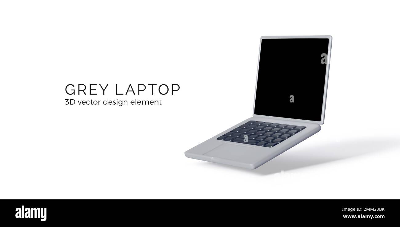Opened silver laptop mock up with black keyboard and screen. Realistic render of modern portable computer. Business banner or presentation template. V Stock Vector