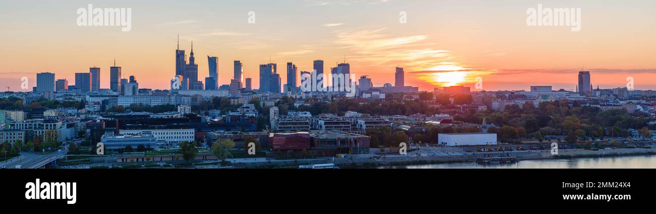Warsaw city center at sunset, aerial landscape Stock Photo