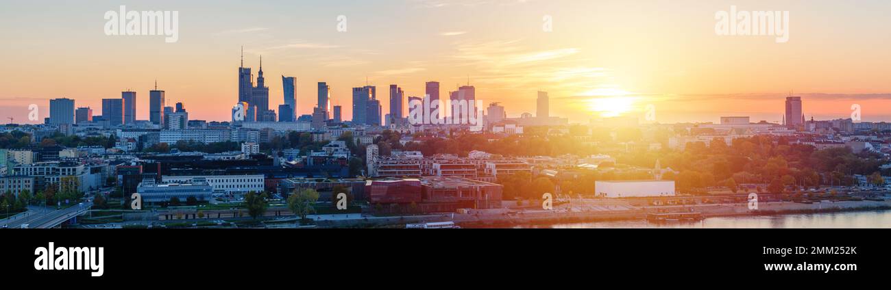 Warsaw city center at sunset, aerial landscape Stock Photo