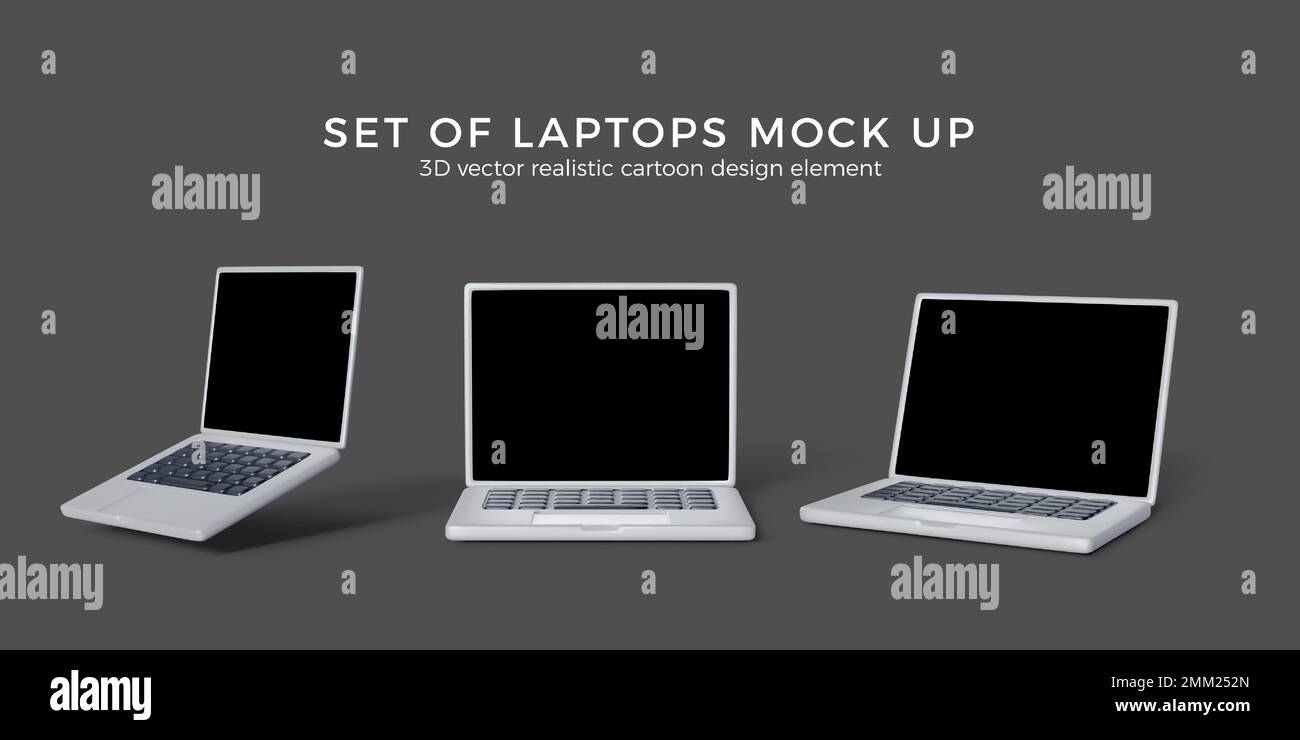 Set of 3D laptop mock up. Realistic render of opened silver laptop with black screens. Modern gadgets for business banners in different views. Vector Stock Vector