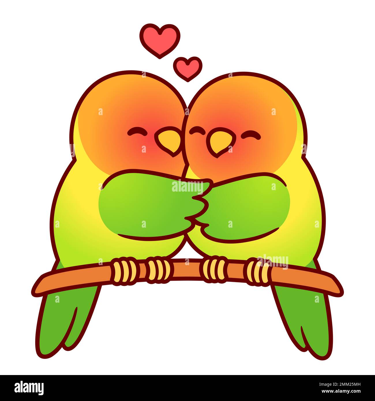Cute lovebird parrots couple hugging. Funny cartoon birds in love. Valentines day greeting card vector illustration. Stock Vector