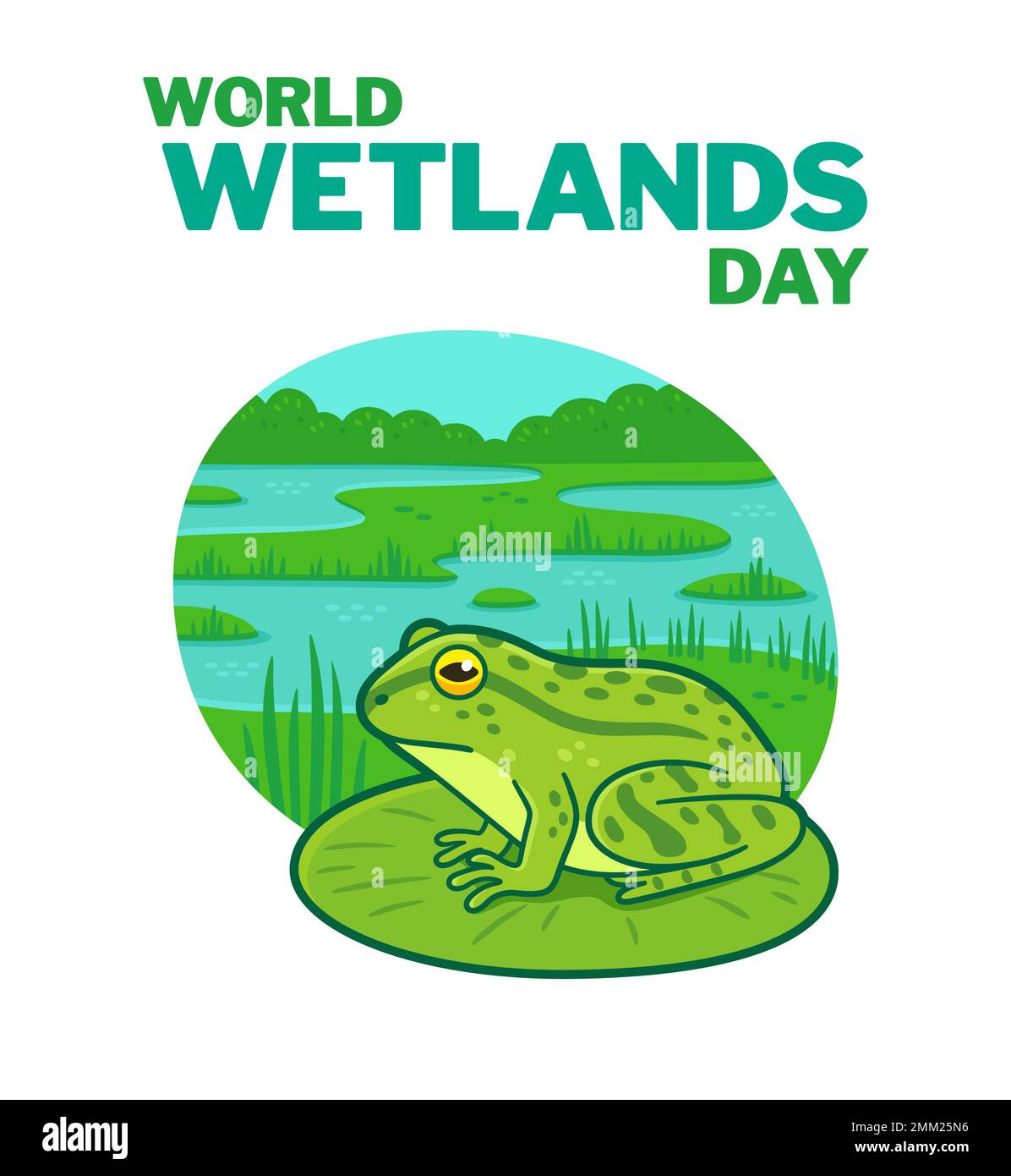 World Wetlands Day banner, flat design vector illustration. Frog on a lily pad and swamp background. Stock Vector