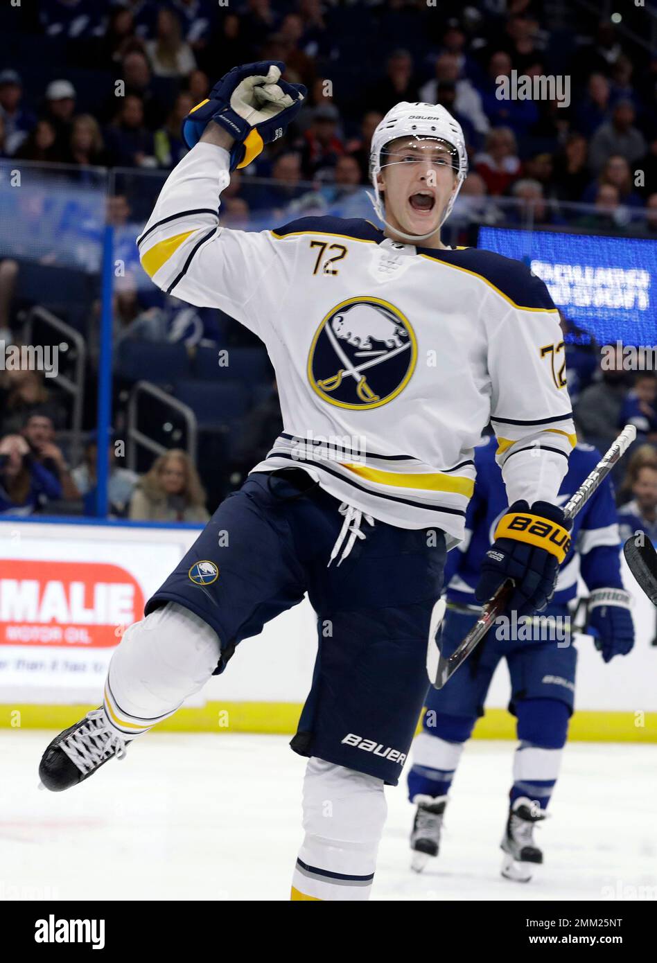 Buffalo Sabres right wing Tage Thompson (72) celebrates his second goal of  the night with teammates during the second period of an NHL hockey game  against the New Jersey Devils, Wednesday, Dec.