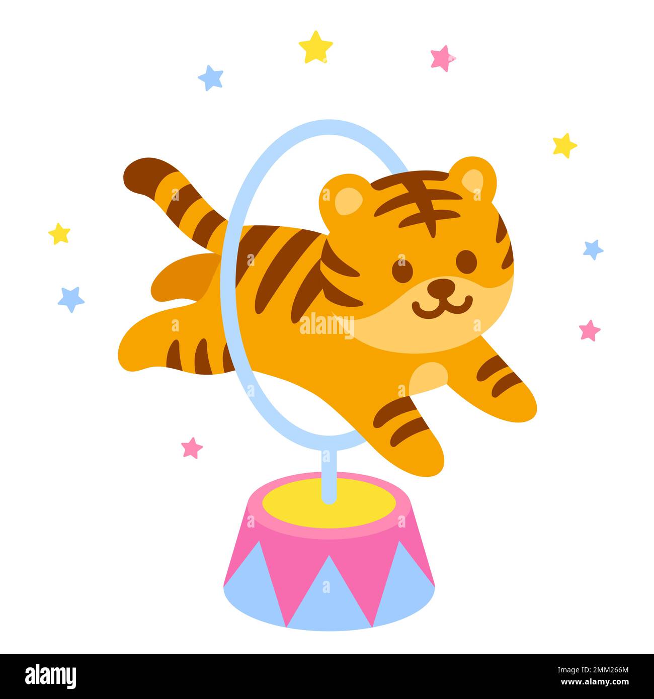 Cartoon circus tiger jumping through hoop. Cute and funny circus performance vector illustration, children's book drawing. Stock Vector
