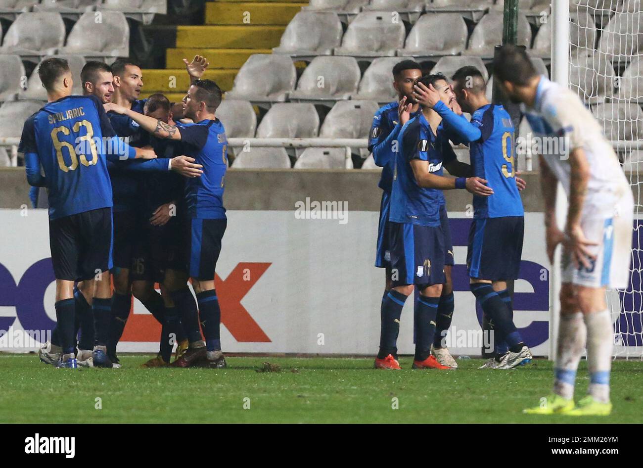 Apollon players celebrate after scoring their second goal during the Europa  League group H soccer match between Apollon Limassol and Lazio at GSP  stadium, in Nicosia, Cyprus, Thursday, Nov. 29, 2018. (AP, image size:1300x946